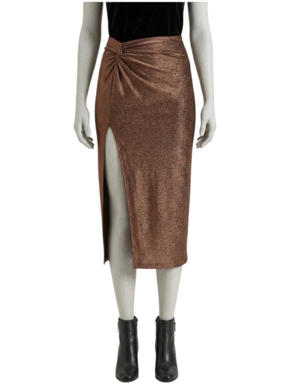 NEW Black Tape Rose Gold Glitter Twist Front Midi Skirt with Slit